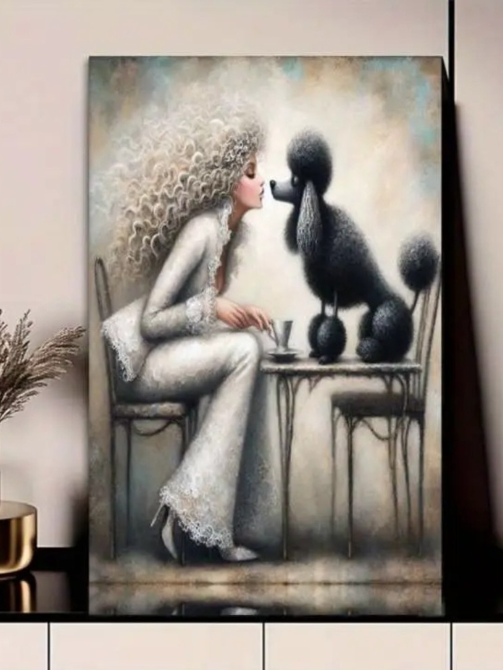 Whimsical Woman and Poodle Canvas Art - Black & White Home Art